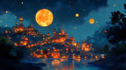Naklejka premium A digital painting of a magical town at night, illuminated with warm lights under a large orange moon. The scene is serene and peaceful.
