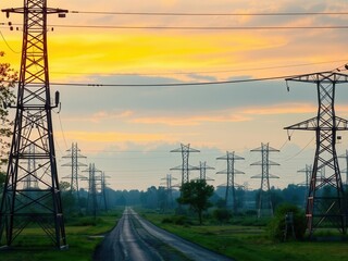 Scenic Landscape Featuring Power Lines and Sunrise Over a Serene Rural Road with Vibrant Sky Colors Ideal for Environmental and Industrial Themes