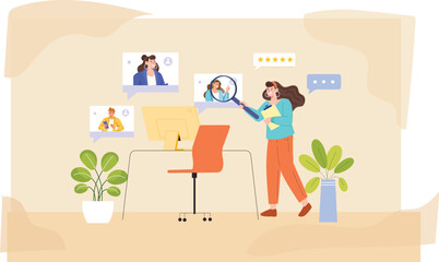 A modern recruitment scene illustration depicting the rating and selection process. The scene features a digital interface with multiple candidate profiles