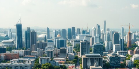 Obraz premium Aerial View of a Modern Urban Skyline with Skyscrapers and Expansive Cityscape Under Bright Blue Sky in Daylight