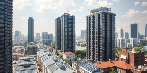 Modern Urban Cityscape with Skyscrapers and Residential Buildings Under Blue Sky in a Bustling Metropolis