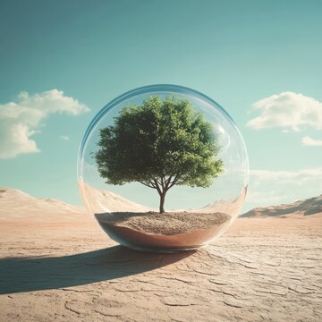 Innovative representation of a tree in a glass sphere in an arid landscape under a clear sky