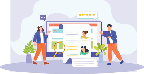 A colorful recruitment illustration highlighting candidate evaluation, with diverse profiles displayed on a digital screen.
