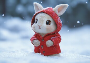 Cute baby bunny rabbit wearing a red winter coat and hood, standing in falling snow, a cute and adorable pet animal