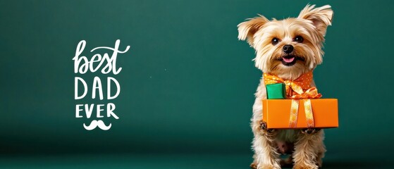 Adorable Yorkshire Terrier Puppy Holding Fathers Day Gift Box
