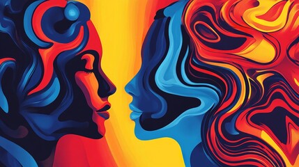 Colorful Human Profiles in Abstract Geometric Layers of Red, Indigo, and Yellow, Seamlessly Blended