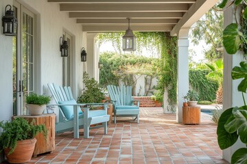 Outdoor patio with light blue chairs, white arbor, red brick floor tiles, light grey walls, plants on side tables, and hanging lantern in California coastal style home, architectural detail shot.