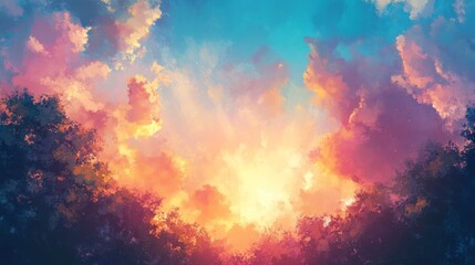 Fototapeta premium A vibrant sunset with colorful clouds illuminating the sky above dark silhouettes of trees.