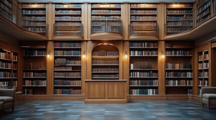Grand library interior with wooden bookshelves.