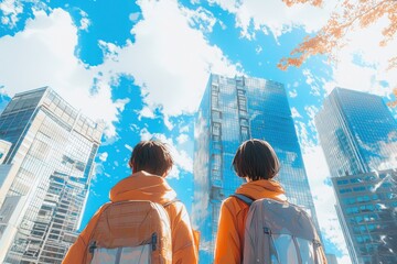 Anime friends exploring a futuristic cityscape skyscrapers slice of life manga style medium shot high detail