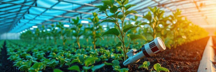 Obraz premium Modern Greenhouse with Advanced Irrigation System Nurturing Healthy Plants Under Bright, Clear Environment, Showcasing Innovative Agricultural Practices for Sustainable Growth