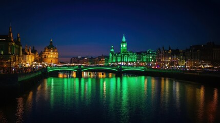 Obraz premium Illuminated Cityscape with a Bridge Reflecting in the River