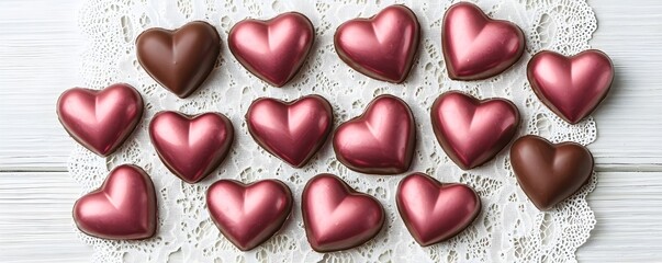 romantic chocolate hearts on lace - flat lay photography