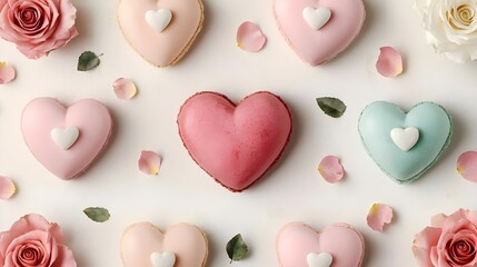 Obraz premium romantic heart macarons & roses flatlay - flatlay