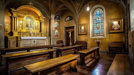 Fototapeta premium Interior of a small, serene chapel featuring wooden benches and stained glass windows.