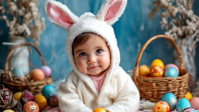 baby in white bunny costume surrounded by easter eggs on blue background, buskets with easter egge