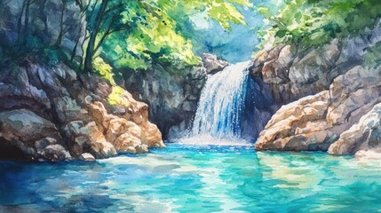 A serene waterfall cascades into a tranquil pool surrounded by lush greenery.