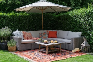 Obraz premium Outdoor garden with gray wicker corner sofa, coffee table, chairs, picnic blanket, potted plants, decorative lanterns, and summer accessories under an umbrella, creating a relaxed atmosphere for leisu