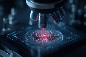 Microscopy of futuristic genetic engineered cell. Advanced biotechnology concept
