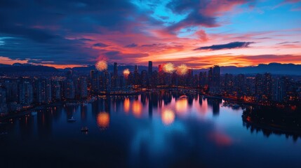 Fototapeta premium A vibrant city skyline at sunset with reflections on water and fireworks lighting the sky.