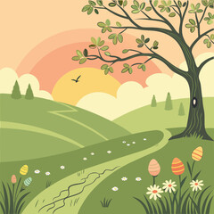 Naklejka premium A peaceful sunrise over a meadow with Easter eggs, bunny tracks, and blooming wildflowers, capturing spring's beauty.