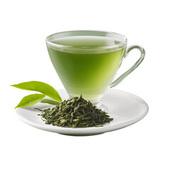 Glass cup of green tea with a subtle hint of the leaves
