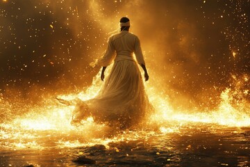 Obraz premium A woman of unknown ethnicity walks gracefully through fiery sparks at sunset, embodying a powerful and mystical presence in a dramatic scene.