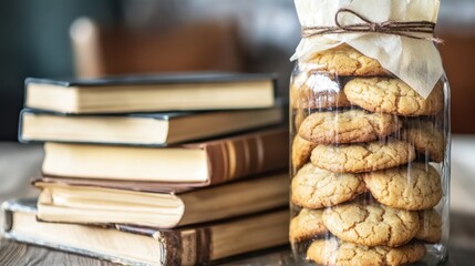 Homemade Cookies in Jar Next to Old Books on Wooden Table