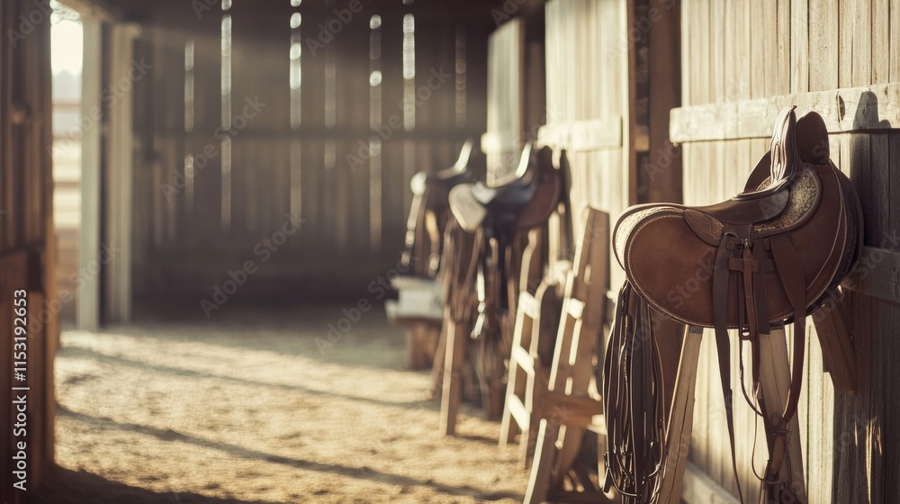 Poster a serene equestrian setup with saddles and bridles neatly arranged in a stable, a spacious, sunlit b