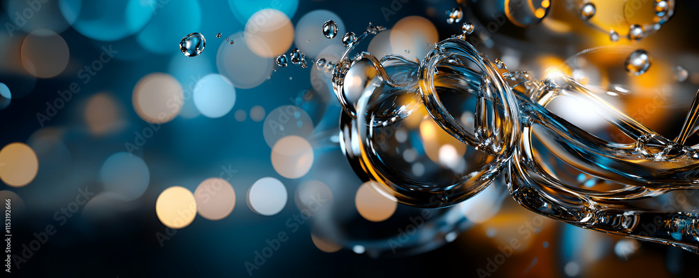 Poster abstract liquid forms dance in blue & gold light, creating a mesmerizing visual spectacle with dynam
