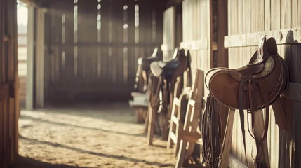 Rolgordijnen zonder boren A serene equestrian setup with saddles and bridles neatly arranged in a stable, A spacious, sunlit barn with wooden textures © ArpPSIqee