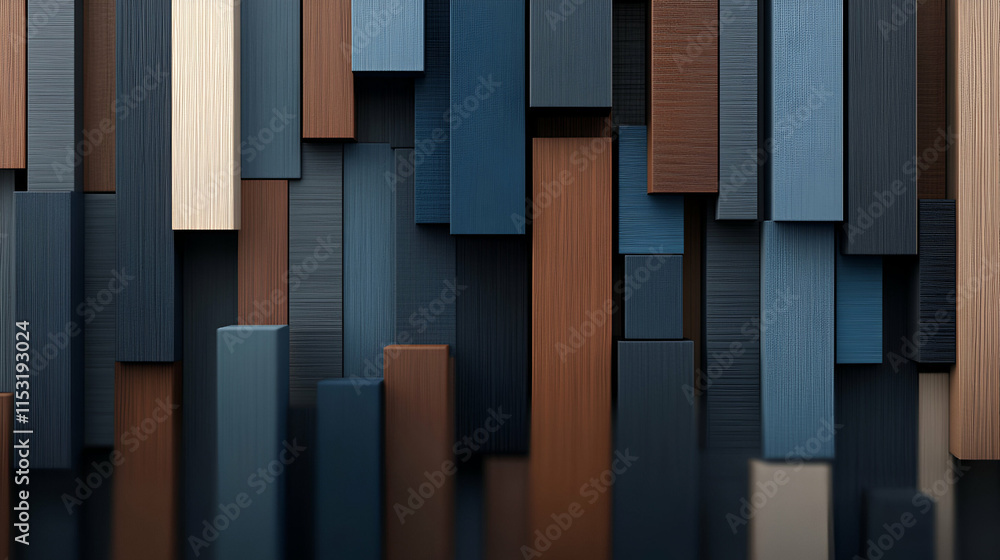 Poster abstract wooden blocks, geometric pattern in earthy tones, creating a modern and stylish composition