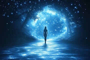 A silhouette of a woman walking towards a luminous, starry portal in a serene forest environment.