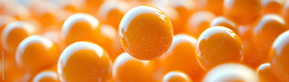 Poster vibrant orange spheres, a cluster of shiny, round objects glowing brightly, creating a dynamic and e