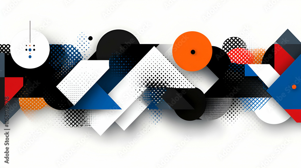 Poster abstract geometric design, shapes, colors, and patterns interplay dynamically on white background