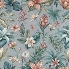 Tropical Floral Pattern. Lush Green Leaves and Delicate Flowers