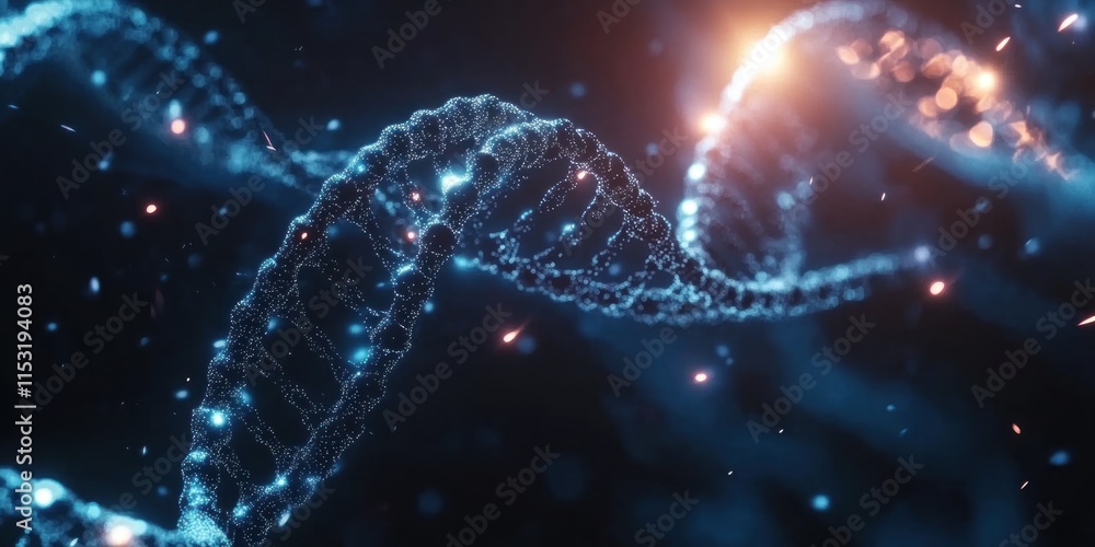 Poster glowing dna double helix structure in space.