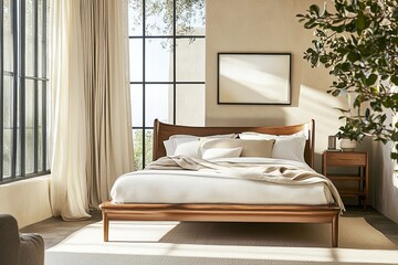 Stylish Bedroom with Wooden Bed, Soft Linens, and Sunlight Streaming Through Curtains