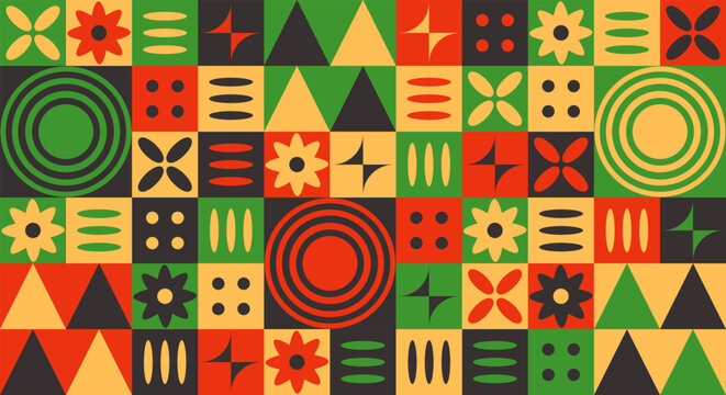 Abstract geometric pattern with bold shapes, vibrant colors, and repeating floral and circular designs. Vector banner for Black history month illustrations