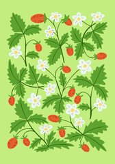 Vibrant botanical pattern with strawberry plants, green leaves, and white flowers on light green background. Vintage summer hand drawn vector interior poster in 60s style