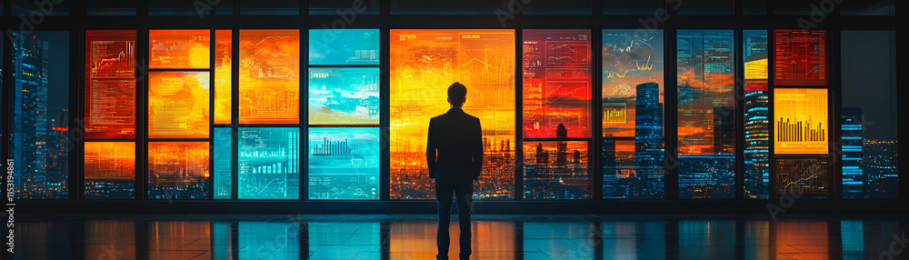 Poster urban data visualization, a man contemplates futuristic cityscape illuminated by dynamic charts and 