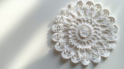 Intricate white paper doily. Delicate cutout design. Ideal for crafts, scrapbooking, or home decor accents. Adds a touch of vintage charm.