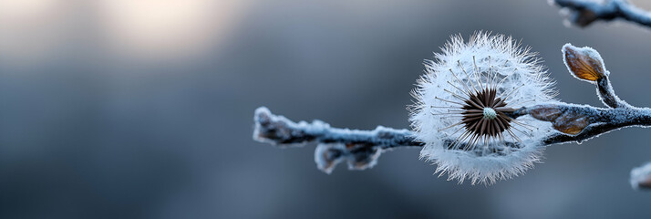 Frozen Dandelion Seed Head on Winter Branch, delicate frost crystals covering the plant, serene winter scene.