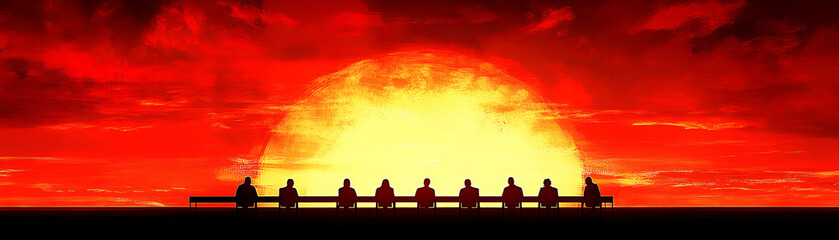 Silhouettes at Sunset, A Gathering at Day's End, Observing the Fiery Horizon with Awe