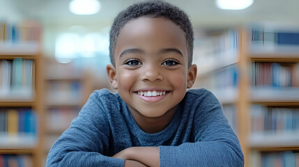 Joyful Young Boy Smiles in Library Setting; Happy Child, Positive Expression,  Bookshelf Background,  Radiates Cheer, Uplifting Image