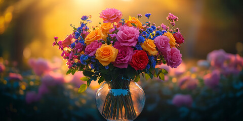 Vibrant Bouquet in Glass Vase, Sunset Glow, Colorful Roses and Flowers in Garden Setting.