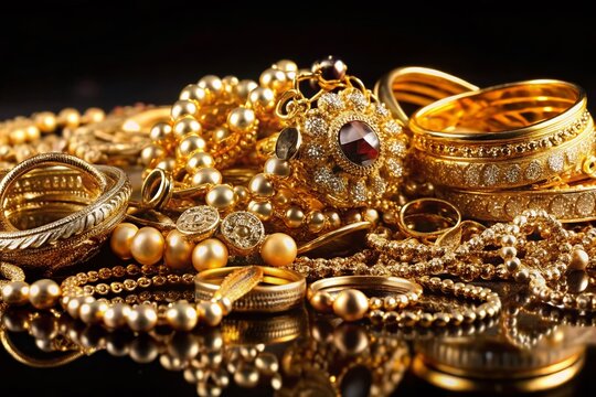 Luxurious Gold Jewelry Pile on Black Background - Stock Photo
