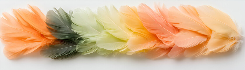 Pastel Feather Gradient,  A Colorful Arrangement of Soft, Delicate Bird Feathers Displayed in a Row, Showing a Beautiful Transition of Hues.
