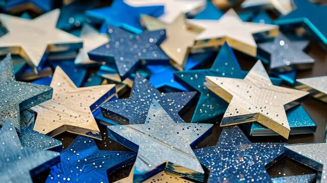 Colorful Blue and White Stars Scattered Across a Surface, Showcasing Various Shades and Textures Under Bright Lighting