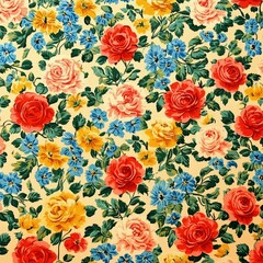 Fototapeta premium A vibrant floral pattern featuring red, pink, yellow roses and blue flowers on a cream backdrop, perfect for adding a cheerful touch to any decor.